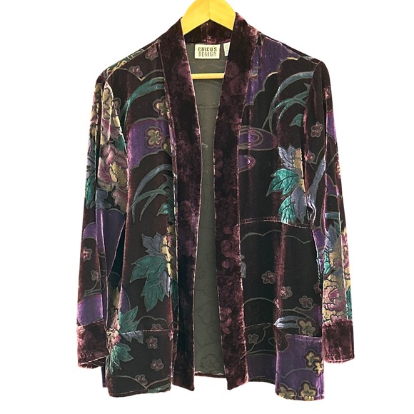 Vintage 90s Chicos Burnout Velvet Floral Kimono Jacket Sz 1 Silk Blend Boho Art - Picture 1 of 6